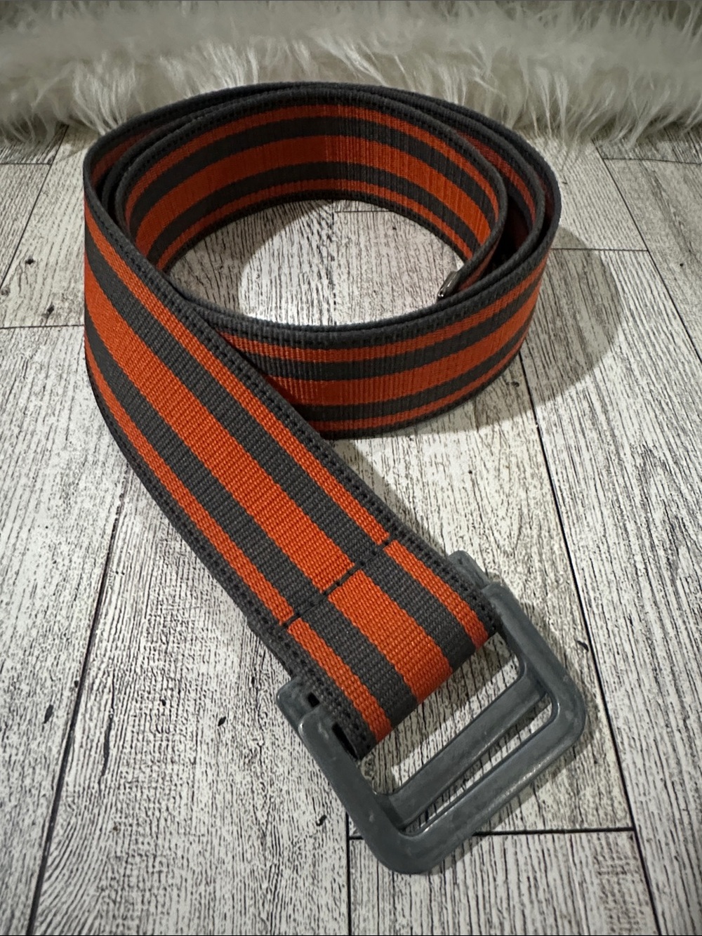 Source Unknown Orange and Gray Striped Webbing Belt